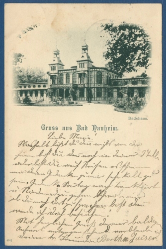 Gruss aus Bad Nauheim Badehaus, gelaufen 1900 (AK2992)