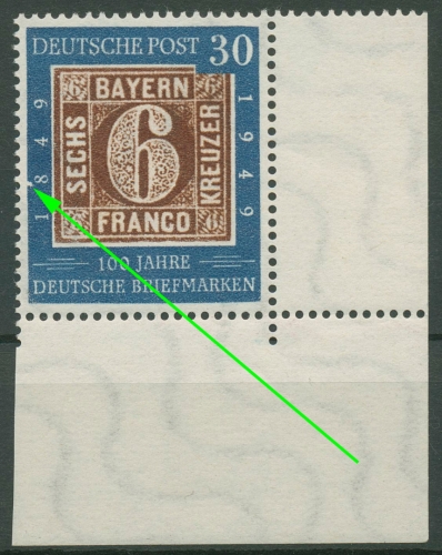 Bund 1949 100 Jahre dt. Briefmarken mit Plattenfehler 115 II Ecke postfrisch