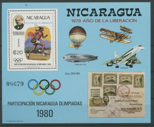 Nicaragua 1979 Rowland Hill Postläufer Flugzueg Block 111 postfrisch (C22433)