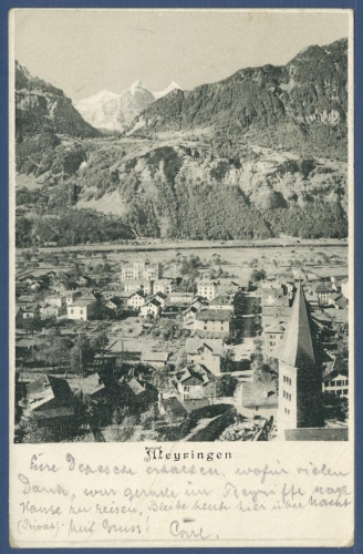 Meiringen Stadtansicht gegen die Berge, gelaufen 1914 (AK2990)