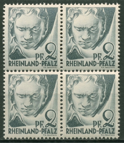 Franz. Zone: Rheinland-Pfalz 1947 Beethoven Type I, 1 y v I 4er-Block postfrisch