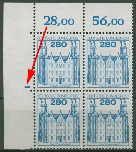 Bund 1982 Burgen & Schlösser 4er-Block Ecke o. li. Plattenzeichen 1142 postfr.