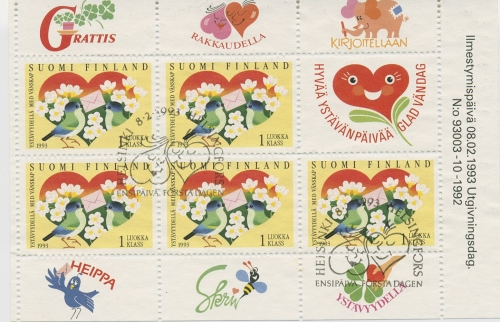 Finnland 1993 Grußmarke Blumen Herz Heftchenblatt HBl. 33 gestempelt (C95304)