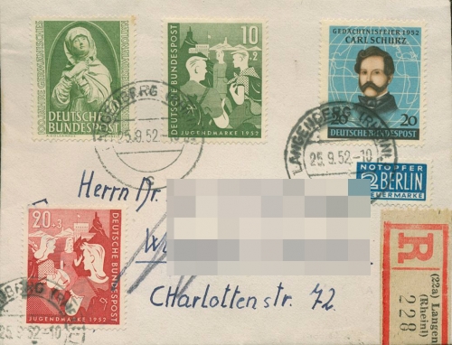 Bund 1952 Jugend Mischfrankatur 154 MiF auf portogerechtem Einschreiben (X18719)