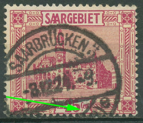 Saargebiet 1923 Neues Rathaus mit Plattenfehler 100 I gestempelt