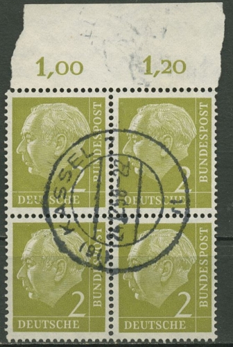 Bund 1954 Th. Heuss I Bogenmarken Platte Oberrand 177 P OR 4er-Block gestempelt