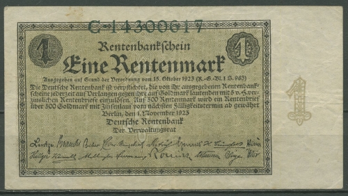 Dt. Reich 1 Rentenmark 1923 Dt. Rentenbank, Ro 154 a stark gebraucht (K179)