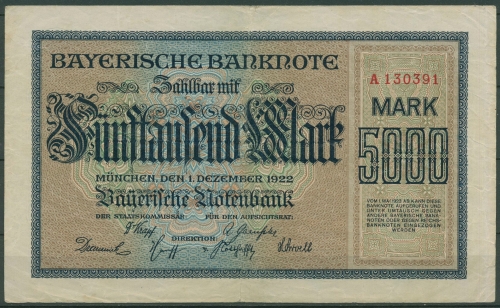 Bayerische Notenbank 5000 Mark 1922, Ro 721 gebraucht (K226)