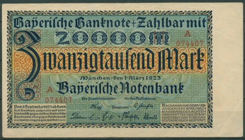 Bayerische Notenbank 20000 Mark 1923, Ro 722 a gebraucht (K227)