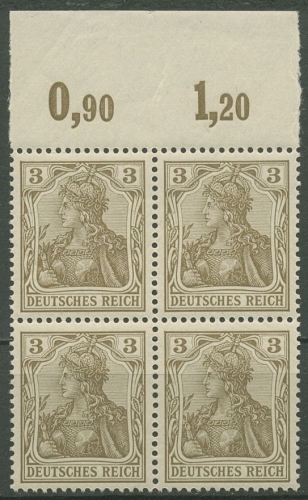 Deutsches Reich 1902 Germania ohne WZ Platte 4er-Block 69 a P OR postfrisch