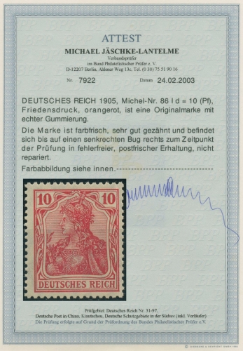 Deutsches Reich 1905/13 Germania Friedensdruck 86 I d postfrisch geprüft