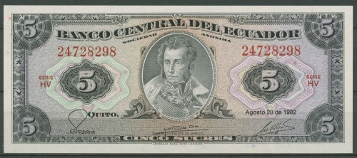Ecuador 5 Sucres 1982, KM 108 b leicht gebraucht (K520)