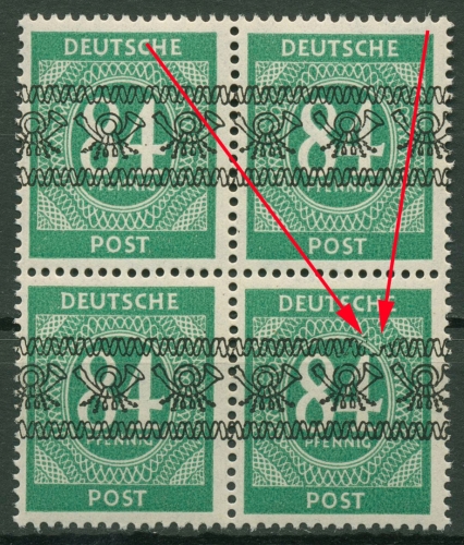 Bizone 1948 mit Aufdruckfehler Kasseler Kerbe 68 I AF OII 4er-Block postfrisch