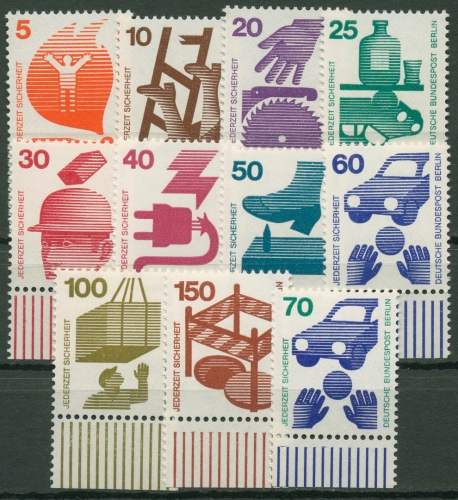 Berlin 1971/73 Unfallverhütung Bogenmarken Unterrand 402/11 + 453 UR postfrisch
