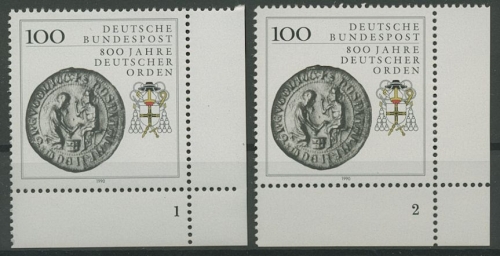 Bund 1990 800 Jahre Deutscher Orden 1451 Ecke 4 Formnummer 1,2 postfrisch (E729)