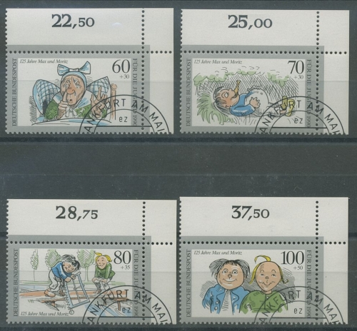 Bund 1990 Wohlfahrt: Max und Moritz 1455/58 Ecke 2 oben rechts gestempelt (E738)