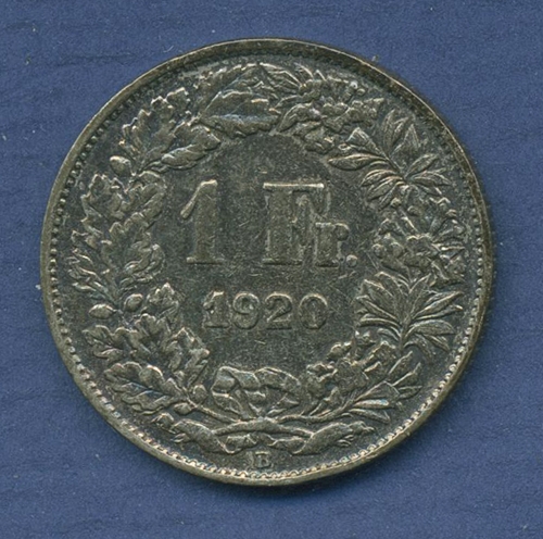 Schweiz 1 Franken 1920 B, Stehende Helvetia, KM 24 ss-vz bunte Patina (m2539)