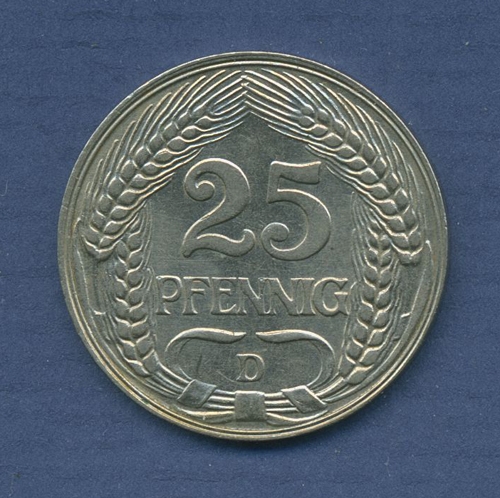 Deutsches Reich 25 Pfennig 1911 D, Kursmünze Nickel J 18, vz (m2599)