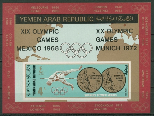 Jemen (Nordjemen) 1968 Goldmedaillen Olympiade Block 78 postfrisch (C19020)
