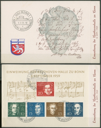 Bund 1959 seltenes Gedenkblatt Einweihung Beethovenhalle Block 2 ESST (G19148)