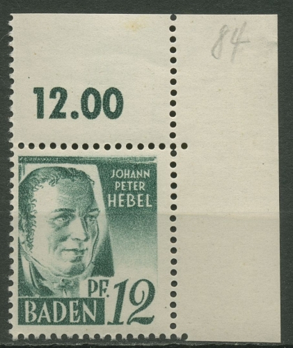 Franz. Zone: Baden 1947 Johann Peter Hebel Type I Ecke ob. re. 4 yv I postfrisch