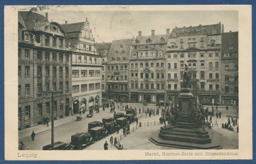 Leipzig Markt Siegesdenkmal, gelaufen Marke fehlt (AK3218)