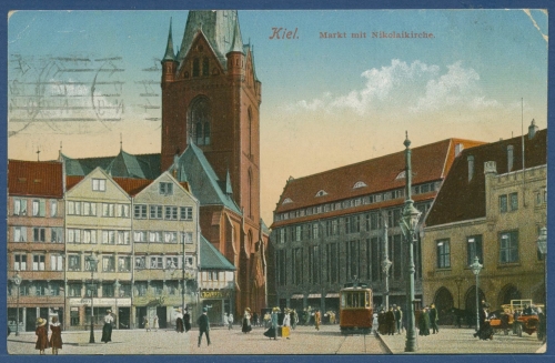 Kiel Nicolaikirche Samenhandlung Eckardt, gelaufen 1917 Marke fehlt (AK3217)