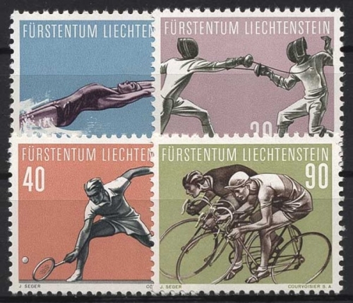 Liechtenstein 1958 Sport Schwimmen, Tennis, Fechten, Radrennen 365/68 postfrisch