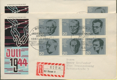 BRD 1964 Wiederstandskämpfer 431/38 Einzelmarken aus Block 3 FDC (G5022)