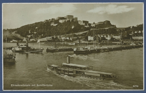 Koblenz Ehrenbreitstein Schiffbrücke Raddampfer, gelaufen Marke fehlt (AK3341)