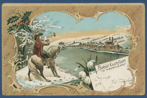 Behüt Euch Gott im neuen Jahr, Reiter mit Trompete, gelaufen 1898 (AK3451)