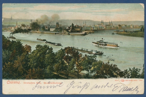 Koblenz Deutsches Eck Moselmündung, gelaufen Marke fehlt (AK3423)
