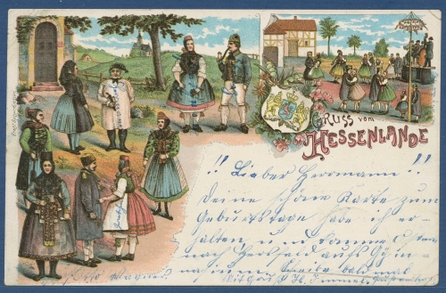 Gruß vom Hessenlande Trachten Maibaum, gelaufen 1900 (AK1730)