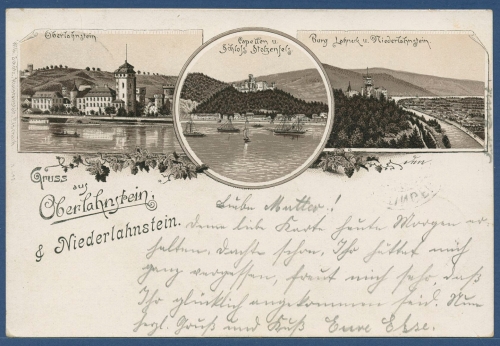 Gruß aus Oberlahnstein und Niederlahnstein Burgen, gelaufen 1901 (AK1728)