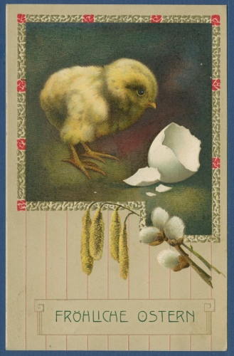 Fröhliche Ostern Küken Weidenkätzchen, Prägekarte, gelaufen 1909 (AK3517)