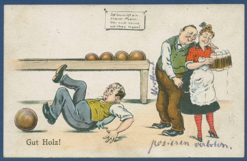 Gut Holz ! Kegeln Bier, gelaufen 1924 (AK3506)