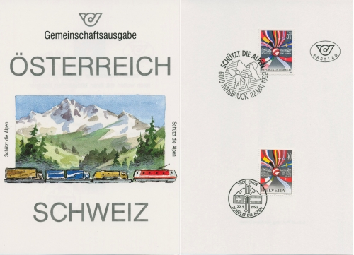 Österreich 1992 Schützt die Alpen Ausgabe 2065 + CH 1477 Gedenkblatt (SG96259)
