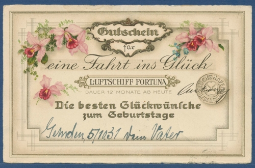 Glückwünsche zum Geburtstag Luftschiff Fortuna Orchideen, gelaufen 1931 (AK3807)