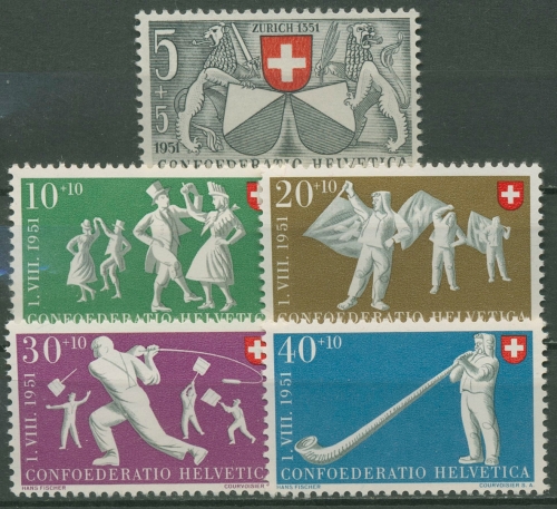 Schweiz 1951 Pro Patria Eidgenossenschaft Zürich Volksspiele 555/59 postfrisch