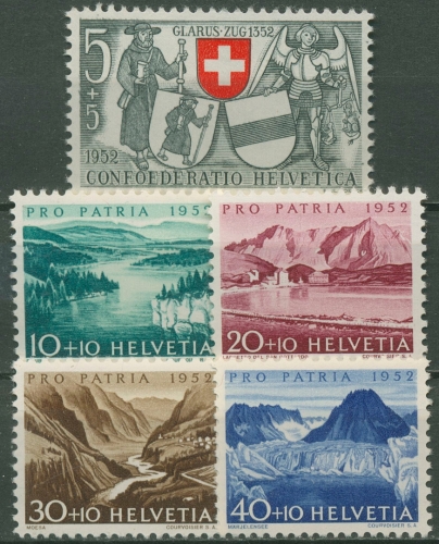 Schweiz 1952 Pro Patria Eidgenossenschaft Glarus/Zug Seen Flüsse 570/74 postfr.