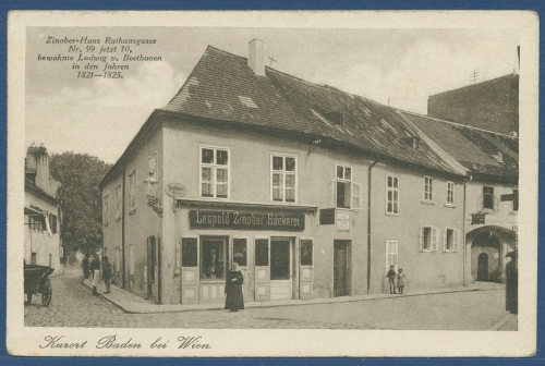 Baden bei Wien Bäckerei Zinober, Wohnhaus v. Beethoven, gelaufen 1942 (AK3798)