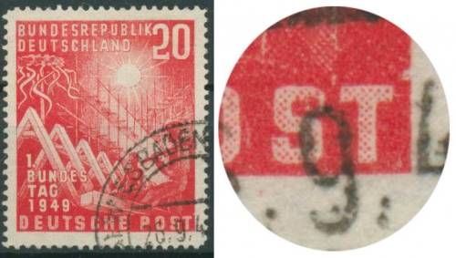 Bund 1949 Eröffnung 1. Bundestag mit Plattenfehler 112 f 11B gestempelt