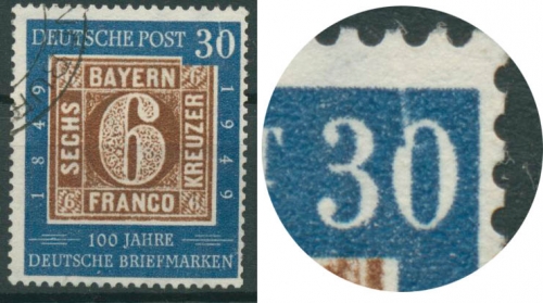 Bund 1949 100 J. dt. Briefmarken mit Plattenfehler 115 I gestempelt, kl. Fehler