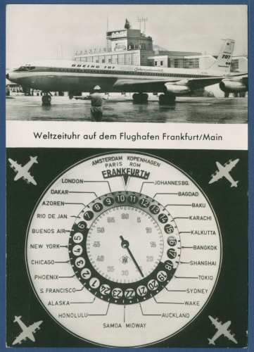 Weltzeituhr Flughafen Frankfurt a. M., gelaufen 1965 ab Flughafen (AK3739)
