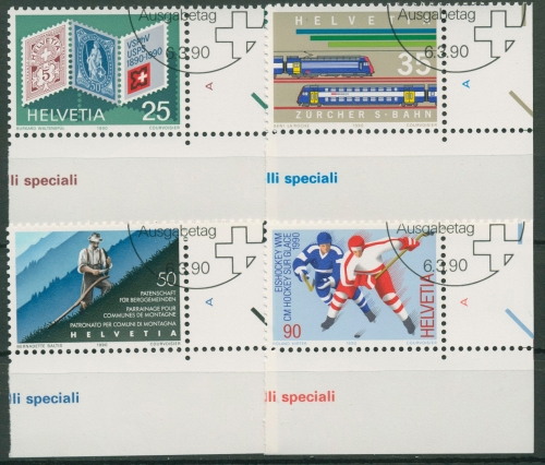 Schweiz 1990 Ereignisse Philatelisten S-Bahn Eishockey 1409/12 Ecke gestempelt