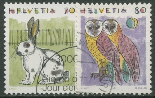 Schweiz 1991 Tiere Kaninchen Eule 1436/37 gestempelt