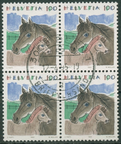 Schweiz 1993 Tiere Pferde 1491 4er-Block gestempelt