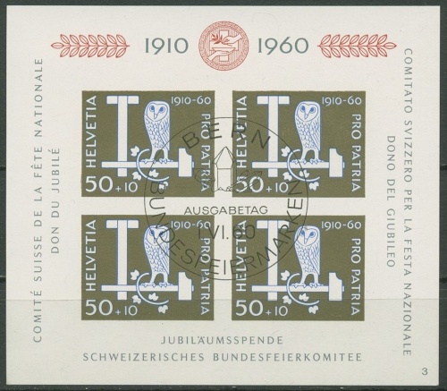 Schweiz 1960 50 J. Bundesfeierspende Pro Partia Block 17 gestempelt (C96272)