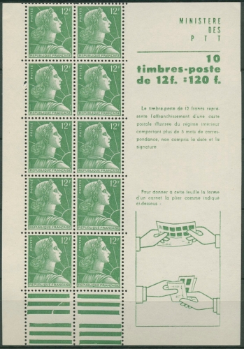 Frankreich 1955 Freimarken Marianne Heftchenblatt 1063 H-Bl. postfrisch (C96356)