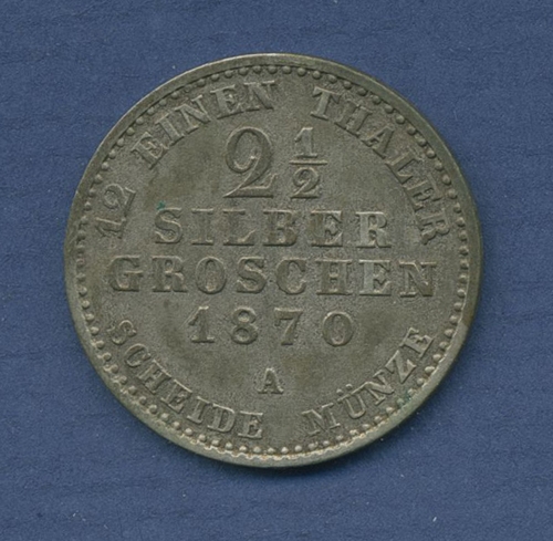 Preußen 2 1/2 Silbergroschen 1870 A, König Wilhelm I., J 90, ss+ (m2779)